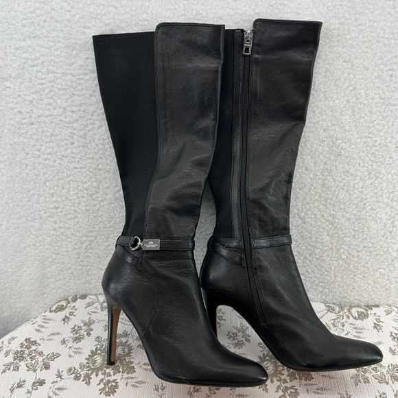 Coach Womens Ultima Boot size 8.5 Leather black stiletto sleek career buckle zip - Picture 2 of 14